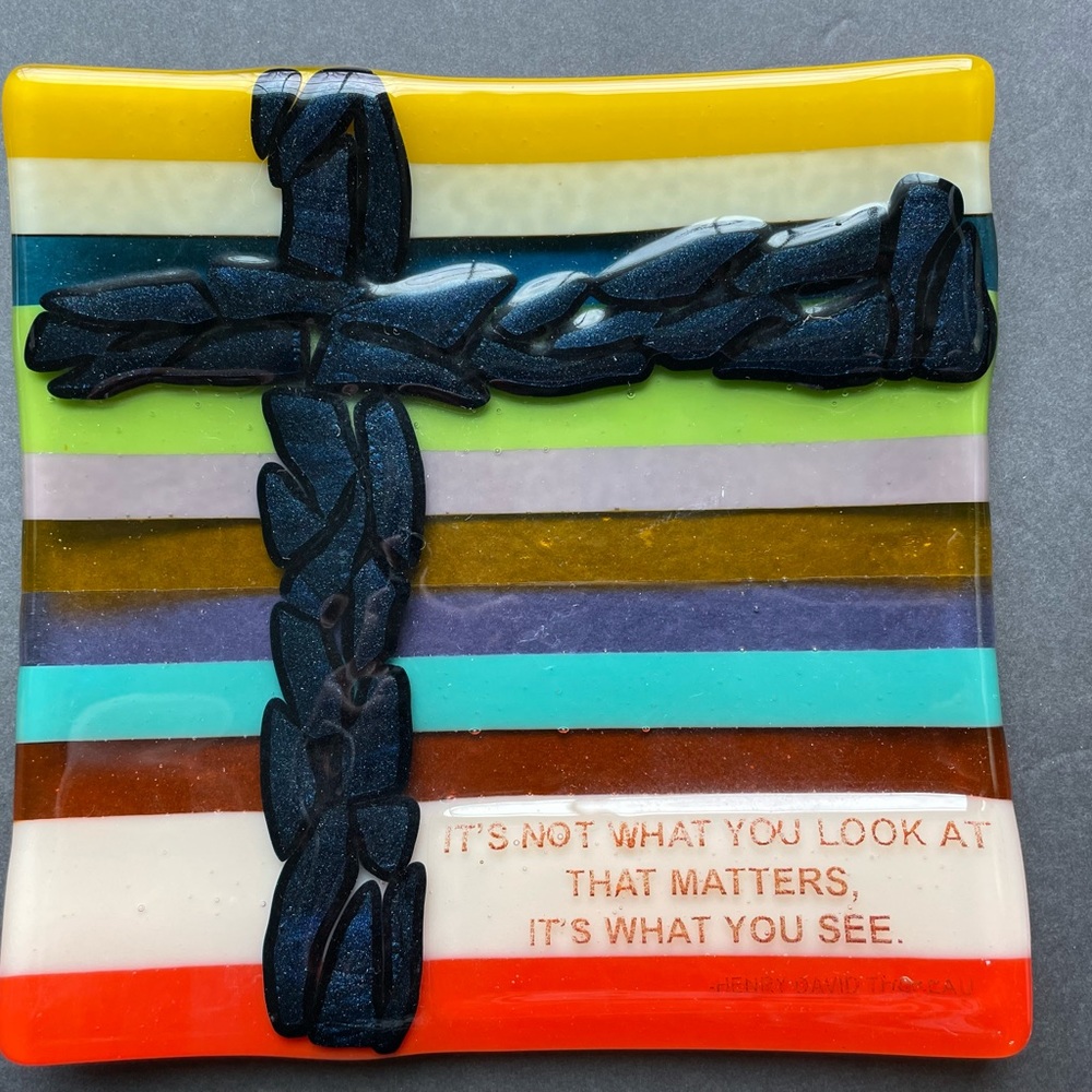 Fused glass tray with Henry David Thoreau quote.